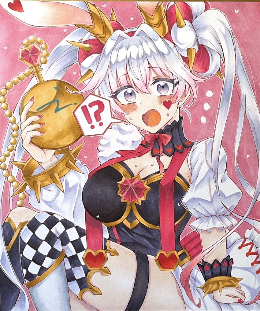 !? 1girl absurdres animal_ears asymmetrical_clothes black_leotard blush breasts checkered_clothes checkered_legwear cleavage double_bun duel_monster hair_bun heart highres holding holding_pocket_watch ichinose_haruka large_breasts leotard long_hair looking_at_viewer maliss_&lt;p&gt;_white_rabbit marker_(medium) open_mouth pink_background pocket_watch rabbit_ears rabbit_girl sitting solo sweat thigh_strap traditional_media watch white_eyes white_hair yu-gi-oh!