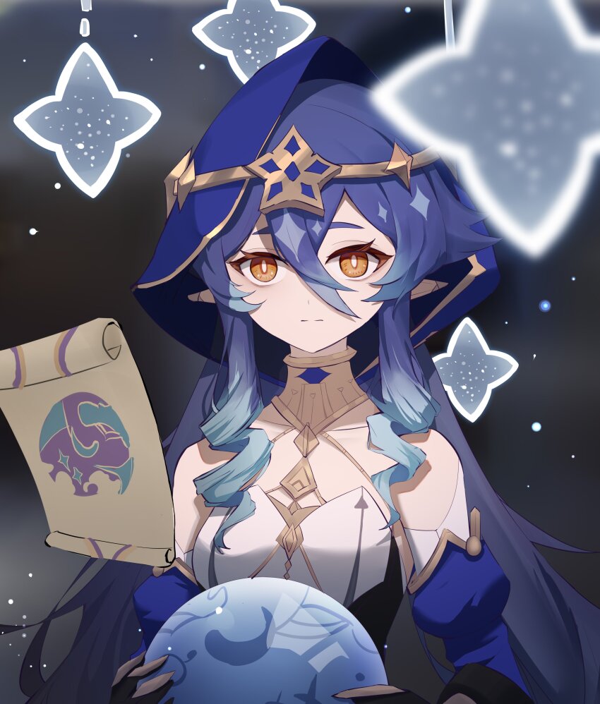 absurdres bags_under_eyes blue_hair blue_hood blue_sleeves claw_ring detached_sleeves drill_hair drill_sidelocks fancy genshin_impact gold_choker hair_between_eyes highres hood hood_up jewelry layla_(genshin_impact) multicolored_hair neck_ring pointy_ears qixia sidelocks twin_drills