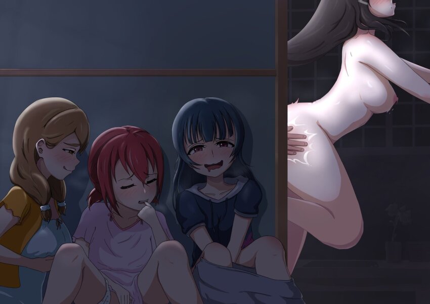 1boy 4girls ass_smack biting biting_own_thumb black_hair blue_hair blush breasts brown_hair closed_eyes clothes_pull completely_nude dark_blue_hair drooling female_masturbation grabbing_own_breast group_masturbation hair_ornament hairclip heavy_breathing kunikida_hanamaru kurosawa_dia kurosawa_ruby large_breasts love_live! love_live!_sunshine!! masturbation medium_breasts mole mole_under_mouth multiple_girls nipples nude open_mouth panties pants pants_pull pink_eyes pink_shirt red_hair sex sex_from_behind shirt smile tsushima_yoshiko underwear voyeurism wada_something white_panties yellow_eyes