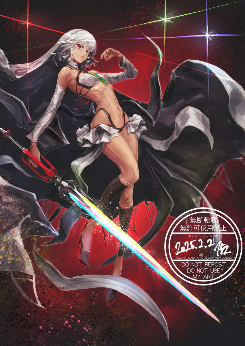 152_in_can absurdres altera_(fate) altera_(fate)_(cosplay) cosplay dark-skinned_female dark_skin detached_sleeves earmuffs fake_facial_hair fake_mustache fate/extella fate/extra fate/grand_order fate_(series) full-body_tattoo headdress highres mittens photon_ray_(fate) sheep showgirl_skirt tattoo veil white_hair white_mittens