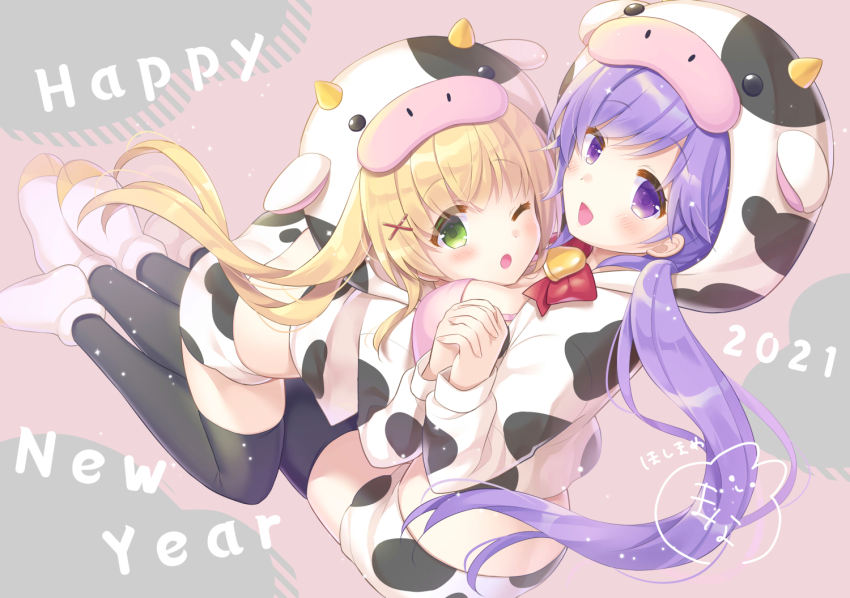 2021 2girls :d :o animal_ears animal_hood animal_print artist_name bell between_breasts black_thighhighs blonde_hair blush boots bow bra breasts chinese_zodiac commentary_request cow_ears cow_hood cow_horns cow_print cowbell cropped_hoodie dutch_angle eyelashes eyes_visible_through_hair fingernails floating_hair foreshortening full_body green_eyes grey_background hair_between_eyes hair_ornament happy_new_year head_between_breasts holding_hands hood hoodie horns hoshimame_mana hug interlocked_fingers kneeling large_breasts long_hair looking_at_viewer low_twintails mizuori_shizuku multiple_girls new_year open_mouth pink_background pink_boots pink_bra purple_eyes purple_hair red_bow shorts signature simple_background sitting skindentation smile sparkle summer_pockets thighhighs thighs tsumugi_wenders twintails two-tone_background underwear very_long_hair white_hoodie white_shorts wings x_hair_ornament year_of_the_ox yuri