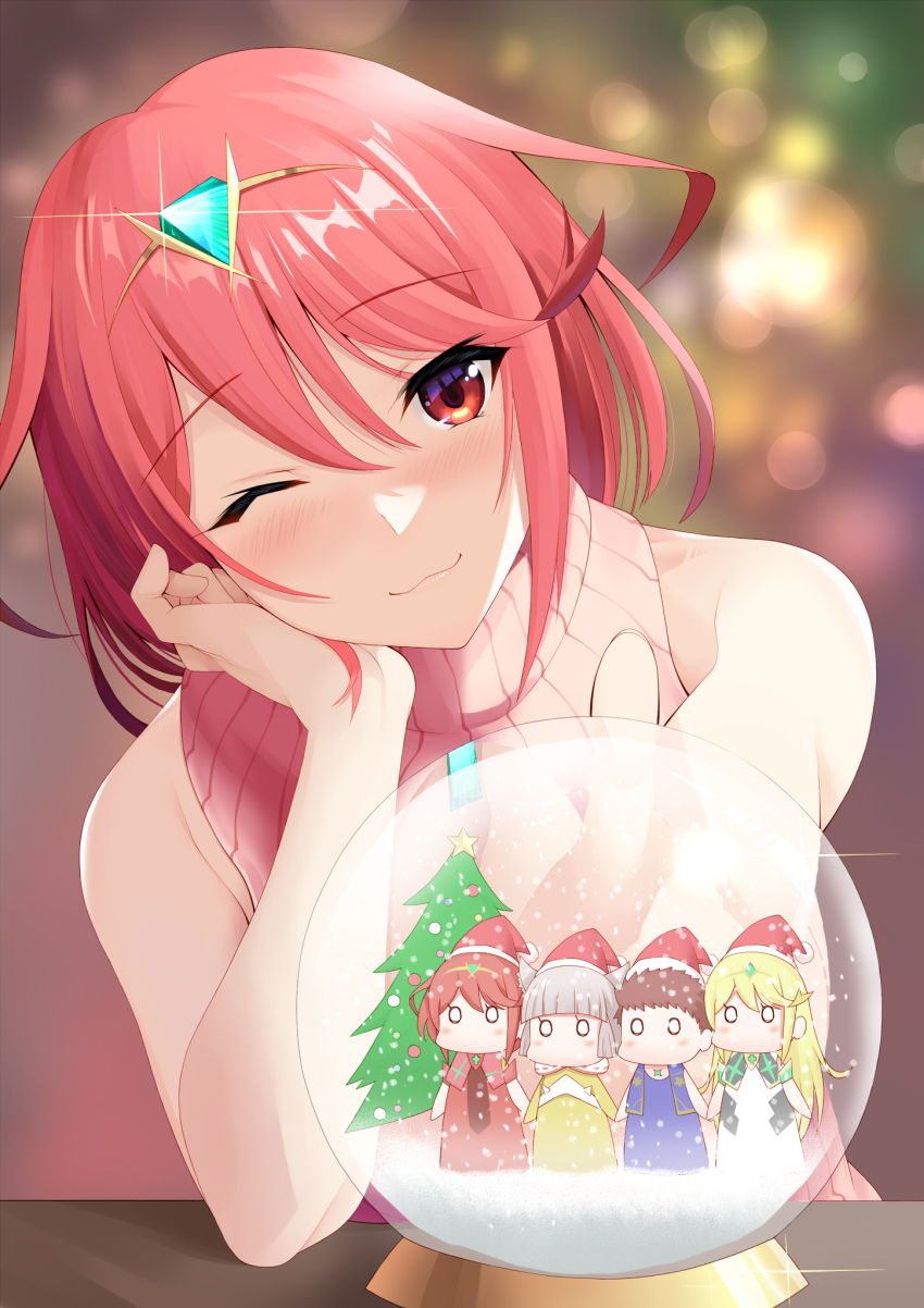 1girl ;) alternate_costume bare_shoulders blush christmas christmas_tree core_crystal_(xenoblade) daive elbow_on_table hat highres looking_at_viewer mythra_(xenoblade) nia_(xenoblade) one_eye_closed pyra_(xenoblade) red_eyes red_hair rex_(xenoblade) ribbed_sweater santa_hat short_hair sleeveless sleeveless_sweater smile snow_globe sweater swept_bangs tiara turtleneck turtleneck_sweater xenoblade_chronicles_(series) xenoblade_chronicles_2