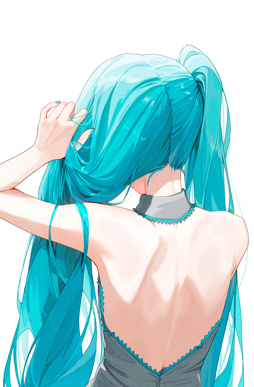 1girl aqua_hair aqua_nails back backless_dress backless_outfit backless_shirt dress fingernails grey_shirt hatsune_miku highres long_hair nape omochiarts shirt simple_background sleeveless sleeveless_shirt solo twintails upper_body vocaloid white_background