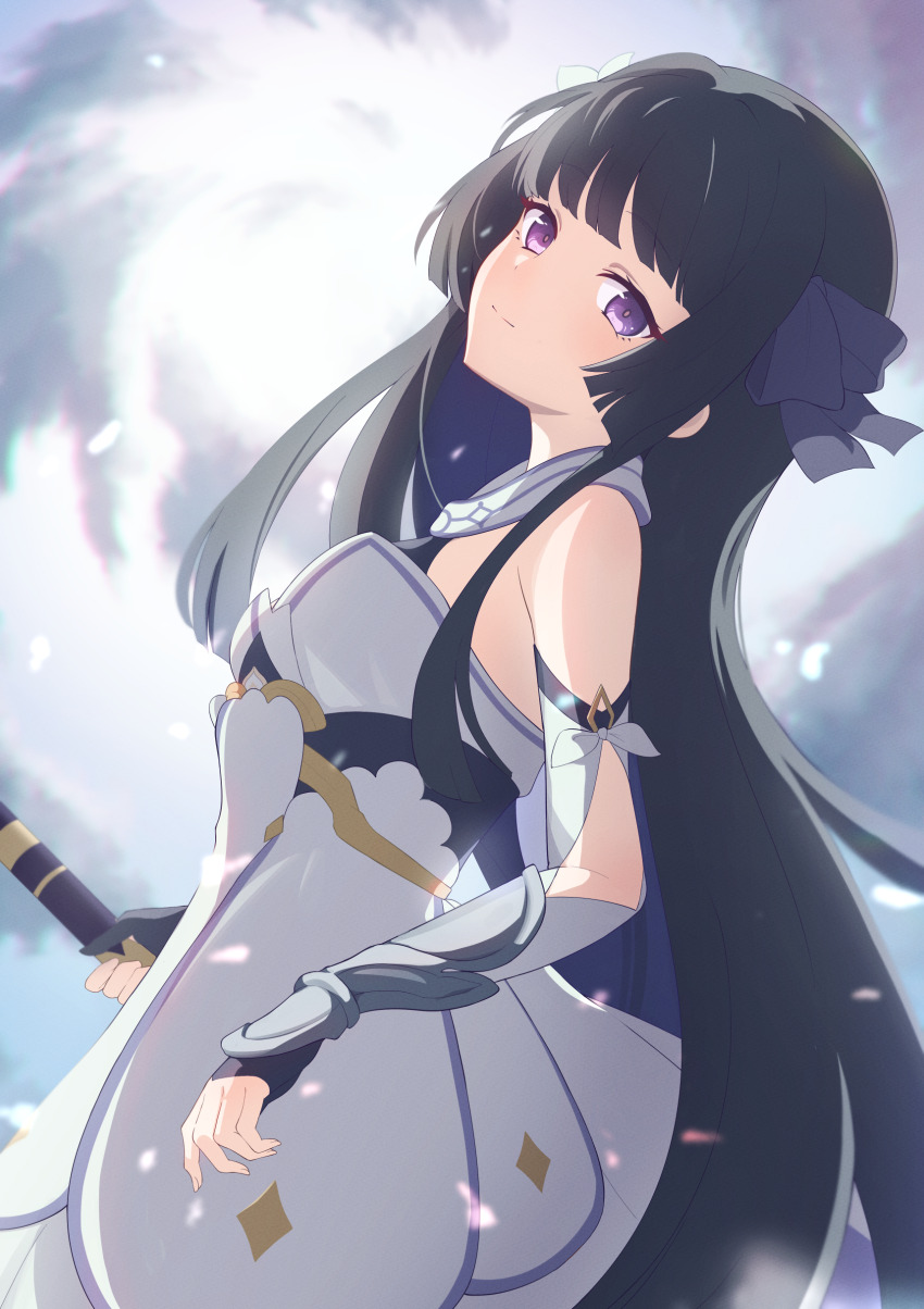 1girl absurdres arm_armor black_gloves black_hair breasts closed_mouth cloud cloudy_sky commentary_request commission cosplay cowboy_shot detached_sleeves dress from_side genshin_impact gloves hair_ribbon highres holding holding_weapon koharu_(sharkoharu) light_smile long_hair looking_at_viewer lumine_(genshin_impact) lumine_(genshin_impact)_(cosplay) medium_breasts oops original partially_fingerless_gloves purple_eyes ribbon skeb_commission sky solo very_long_hair weapon white_dress