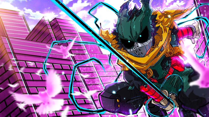 1boy belt bird black_hair black_sclera bodysuit boku_no_hero_academia buckle building cityscape cloud colored_sclera gloves green_bodysuit green_eyes highres male_focus mask midoriya_izuku mouth_mask scarf sky snap-fit_buckle solo sonchapo superhero_costume swinging torn_clothes torn_mask torn_scarf utility_belt white_gloves yellow_scarf