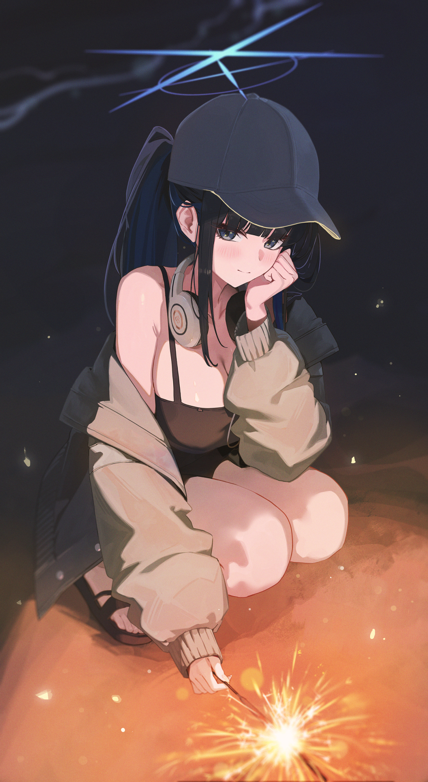 1girl absurdres adapted_costume bare_shoulders black_camisole black_hair black_hat blue_archive blue_eyes blue_halo blurry blush bokeh breasts brown_jacket camisole cleavage closed_mouth colored_inner_hair cross_halo denim depth_of_field fieryonion halo hat headphones headphones_around_neck highres holding holding_fireworks jacket large_breasts long_hair long_sleeves looking_at_viewer multicolored_hair official_alternate_costume official_alternate_hairstyle ponytail puffy_long_sleeves puffy_sleeves saori_(blue_archive) saori_(swimsuit)_(blue_archive) short_shorts shorts smile solo squatting