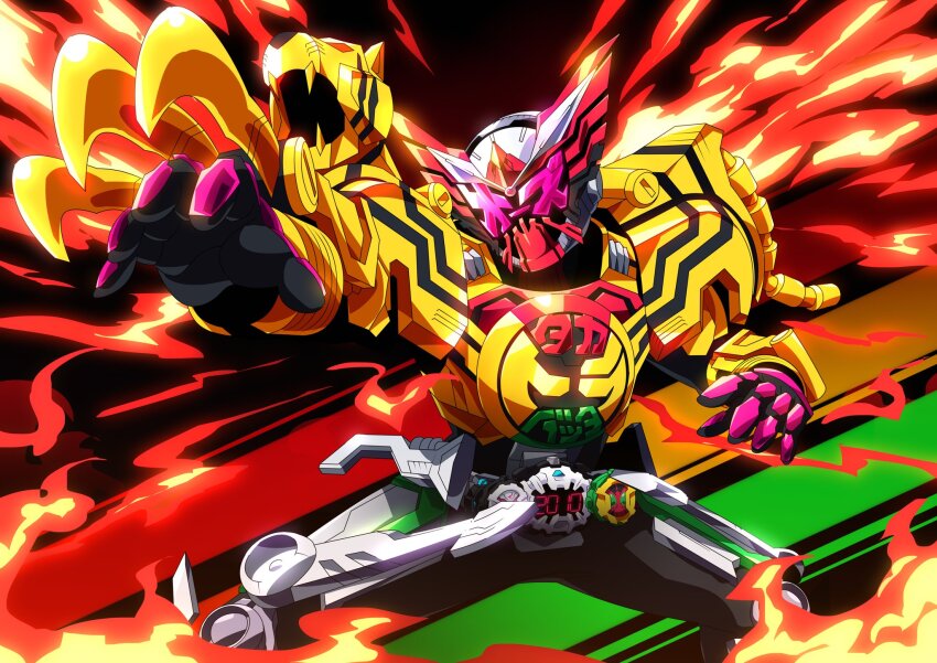1boy 2010 alternate_costume bird bug claws fighting_stance gloves grasshopper hawk highres insect kamen_rider kamen_rider_ooo kamen_rider_ooo_(series) kamen_rider_zi-o kamen_rider_zi-o_(series) katakana male_focus ooo_rider_watch otokamu pink_eyes pink_gloves rider_watch tatoba_(ooo_combo) tiger ziku_driver