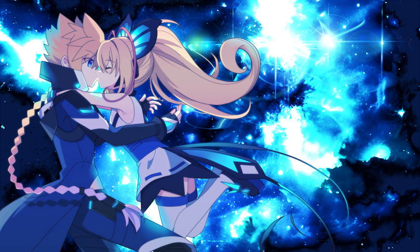 1boy 1girl antenna_hair arms_around_neck azure_striker_gunvolt azure_striker_gunvolt_2 blonde_hair blue_background blue_eyes braid butterfly_hair_ornament closed_eyes dress gunvolt hair_ornament hetero high_ponytail highres kiss lololotton long_hair lumen_(gunvolt) multicolored_dress multicolored_hair pink_hair ponytail single_braid sleeveless sleeveless_dress thighhighs