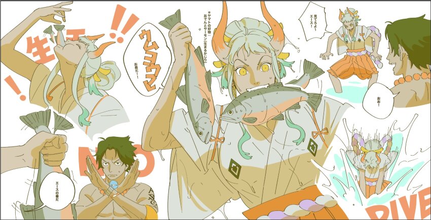 1boy 1girl animal aqua_hair arm_tattoo bead_necklace beads black_eyes black_hair catching crossed_arms earrings eating english_text fangs fish food_in_mouth hair_bun hair_ornament hair_stick hakama highres holding holding_animal hoop_earrings horns japanese_clothes jewelry kimono log_pose medium_hair multicolored_hair muscular muscular_male necklace nyan_2020 one_piece open_mouth portgas_d._ace red_hakama red_horns rope salmon_(fish) shimenawa short_hair short_sleeves small_sweatdrop smile speech_bubble tattoo topless_male translation_request two-tone_hair water white_background white_hair white_kimono yamato_(one_piece) yellow_eyes