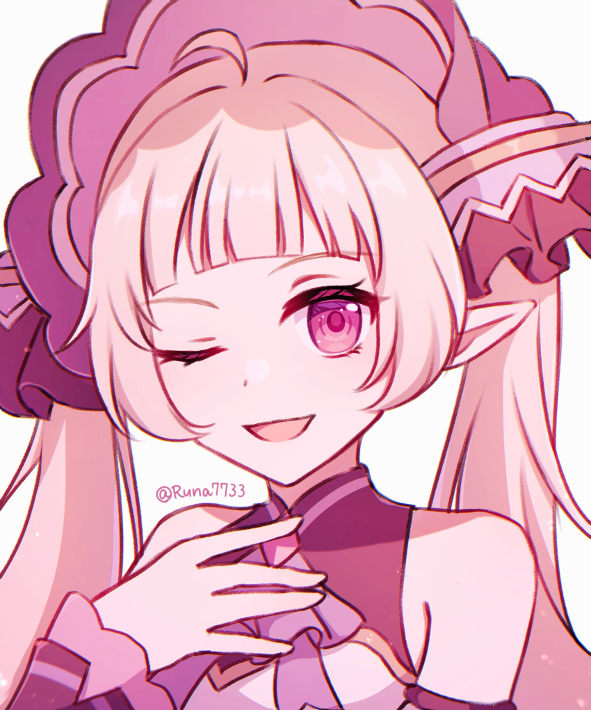 1boy ahoge artist_name artist_request blonde_hair detached_sleeves elf hair_ornament hand_on_own_chest headdress long_hair looking_at_viewer one_eye_closed open_mouth pointy_ears princess_connect! purple_eyes side_bangs simple_background smile source_request trap twintails white_background wink yuki_(princess_connect!)