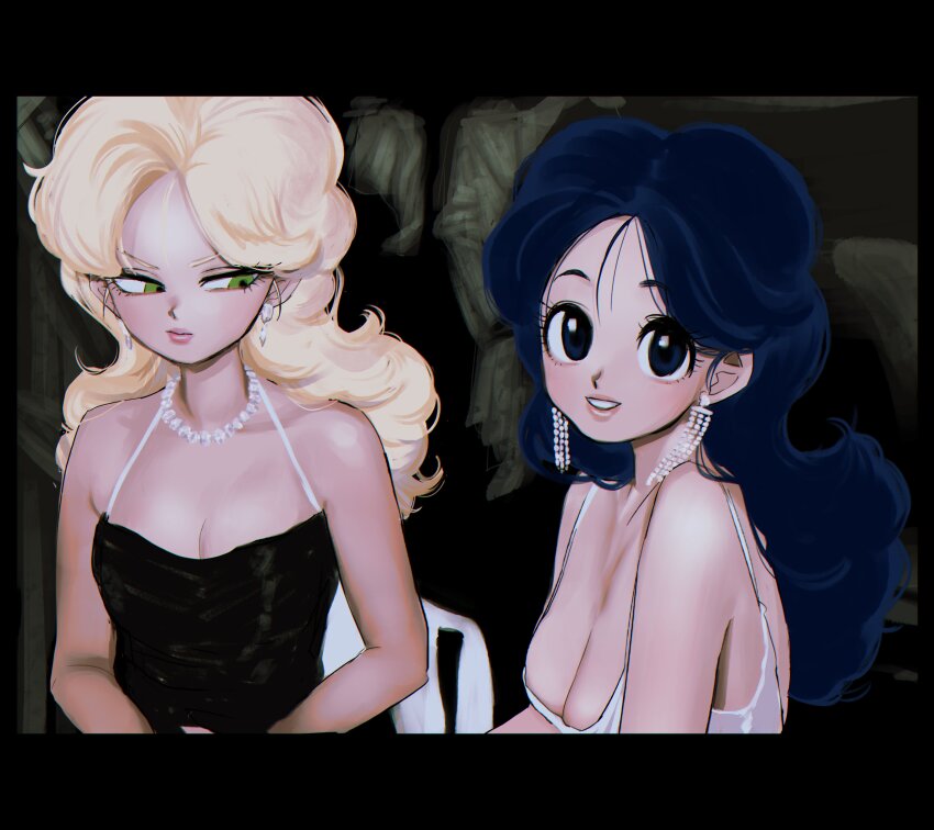 2girls absurdres black_dress blonde_hair blue_eyes blue_hair breast_envy breasts cleavage dragon_ball dress dual_persona earrings green_eyes highres jewelry looking_at_breasts looking_at_viewer lunch_(bad)_(dragon_ball) lunch_(dragon_ball) lunch_(good)_(dragon_ball) mnchki multiple_girls necklace parody pearl_necklace real_life smile teeth white_dress