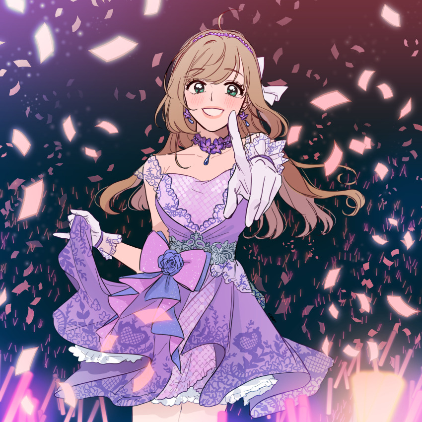 1girl :d blonde_hair blush bow com_(com0107) confetti dress earrings flower flower_earrings flower_necklace gloves glowstick green_eyes hair_bow hairband highres idolmaster idolmaster_cinderella_girls idolmaster_cinderella_girls_starlight_stage jewelry lace_trim long_hair looking_to_the_side necklace open_mouth pearl_hair_ornament petticoat pointing pointing_forward purple_dress purple_theme rose sato_shin skirt_hold smile solo