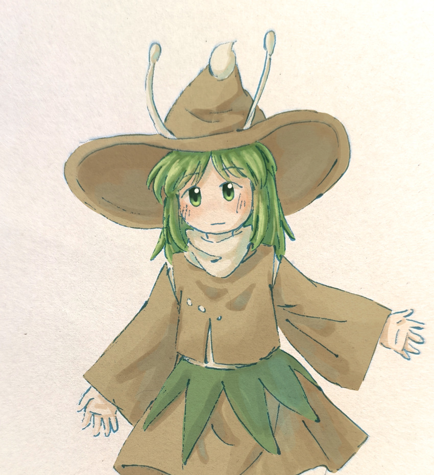 1other amanomori_shou androgynous baila_kuangzi brown_hat brown_skirt brown_sleeves brown_vest chinese_commentary closed_mouth commentary_request cowboy_shot detached_sleeves green_eyes green_hair hat highres len&#039;en long_sleeves looking_at_viewer medium_hair other_focus shirt simple_background skirt smile solo vest white_background white_shirt