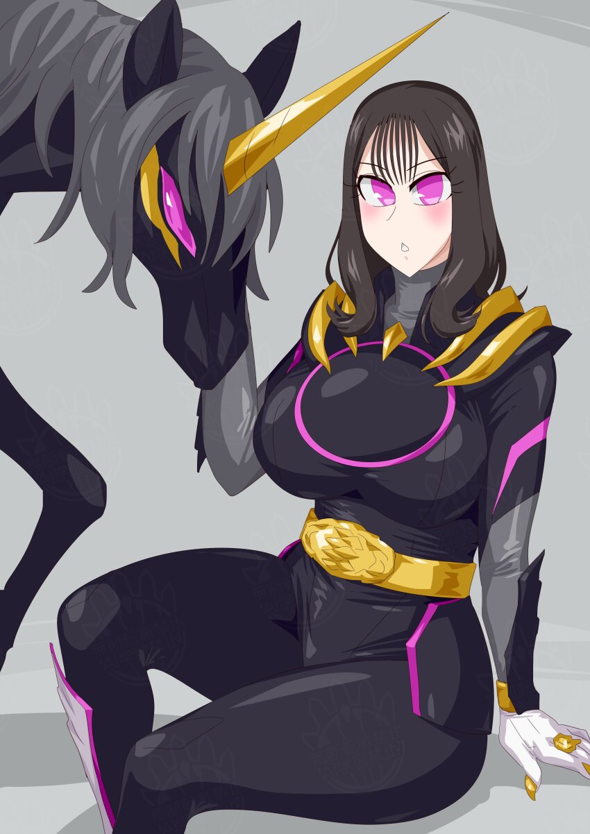 1girl absurdres belt black_hair bodysuit breasts female_focus gloves grey_background highres ichikawa_sumino jewelry large_breasts no.1_sentai_gozyuger no_headwear on_floor otokamu pink_eyes ring short_hair simple_background sitting super_sentai thick_thighs thighs unicorn white_gloves
