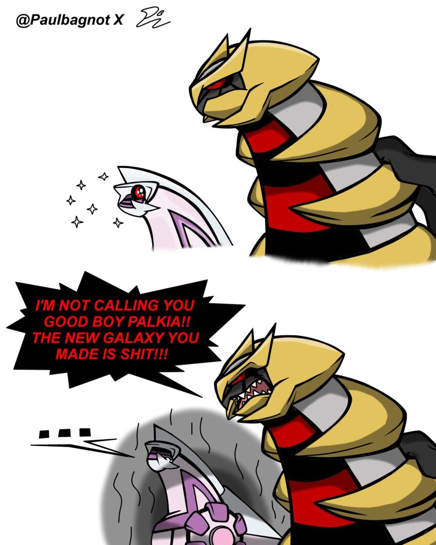 ! !! angry black_sclera colored_sclera dragon english_text gen_4_pokemon giratina giratina_(altered) highres i&#039;m_not_calling_you_&quot;good_boy&quot;_(meme) legendary_pokemon looking_at_another looking_back meme meme_attire nintendo no_humans open_mouth palkia paulbagnot pokemon pokemon_(creature) profanity red_eyes sharp_teeth simple_background smile spikes teeth white_background