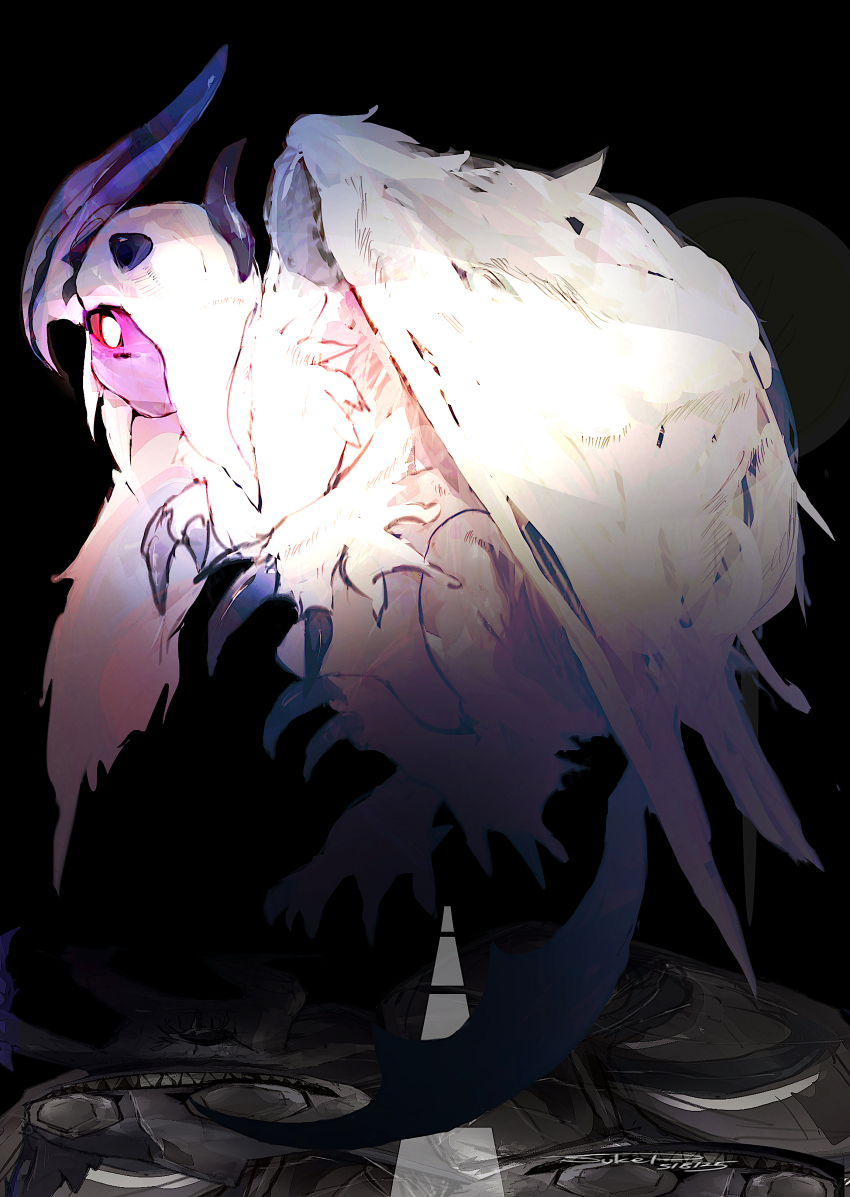 absol absurdres claws gen_3_pokemon highres horns mega_absol mega_pokemon monster nintendo no_pupils one_eye_covered pokemon pokemon_(creature) road sableye solo solo_focus sukepmonster white_eyes white_fur white_wings wings