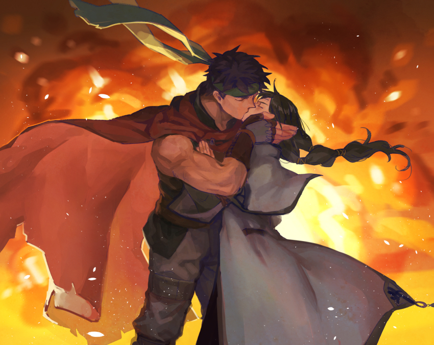 2boys black_hair blue_hair cape capelet closed_eyes commentary_request facial_mark fire fire_emblem fire_emblem:_radiant_dawn forehead_mark green_headband hand_on_another&#039;s_face headband ike_(fire_emblem) kiss long_hair male_focus multiple_boys nintendo official_alternate_costume picnicic red_cape short_hair solo soren_(fire_emblem) soren_(radiant_confidant)_(fire_emblem) yaoi