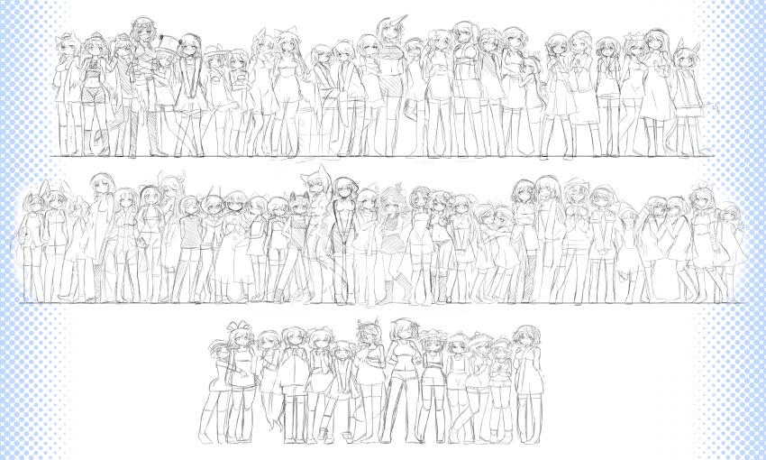 6+girls ^_^ absurdres aki_minoriko aki_shizuha alice_margatroid animal_ears bad_id bad_nicoseiga_id bare_shoulders blue_theme blush braid camera cat_ears character_request chen cirno closed_eyes daiyousei dowsing_rod dress everyone eyeball flandre_scarlet fox_ears frog_hair_ornament front_ponytail fujiwara_no_mokou futatsuiwa_mamizou glasses hair_bobbles hair_ornament hair_tubes hairband hakurei_reimu hammer_(sunset_beach) hands_in_opposite_sleeves hat head_wings headband heart highres hijiri_byakuren himekaidou_hatate hong_meiling horns hoshiguma_yuugi houraisan_kaguya hug ibaraki_kasen ibuki_suika inaba_tewi inubashiri_momiji izayoi_sakuya kaenbyou_rin kagiyama_hina kaku_seiga karakasa_obake kawashiro_nitori kazami_yuuka kirisame_marisa kisume kneehighs koakuma kochiya_sanae komeiji_koishi komeiji_satori konpaku_youmu konpaku_youmu_(ghost) kumoi_ichirin kurodani_yamame leaf leaf_on_head letty_whiterock lily_white long_hair looking_at_viewer lunasa_prismriver lyrica_prismriver medicine_melancholy merlin_prismriver miyako_yoshika mizuhashi_parsee mob_cap monochrome mononobe_no_futo moriya_suwako multiple_girls murasa_minamitsu mystia_lorelei navel nazrin neckerchief no_headwear ofuda one_eye_closed onozuka_komachi open_mouth patchouli_knowledge pince-nez pointy_ears raccoon_ears raccoon_tail reisen reisen_udongein_inaba reiuji_utsuho remilia_scarlet rumia shameimaru_aya shiki_eiki short_hair siblings single_horn sisters skirt smile socks soga_no_tojiko su-san tail tatara_kogasa thighhighs third_eye toramaru_shou touhou toyosatomimi_no_miko twin_braids twintails two_side_up umbrella wide_sleeves wings wolf_ears wriggle_nightbug yakumo_ran yakumo_yukari yasaka_kanako zombie