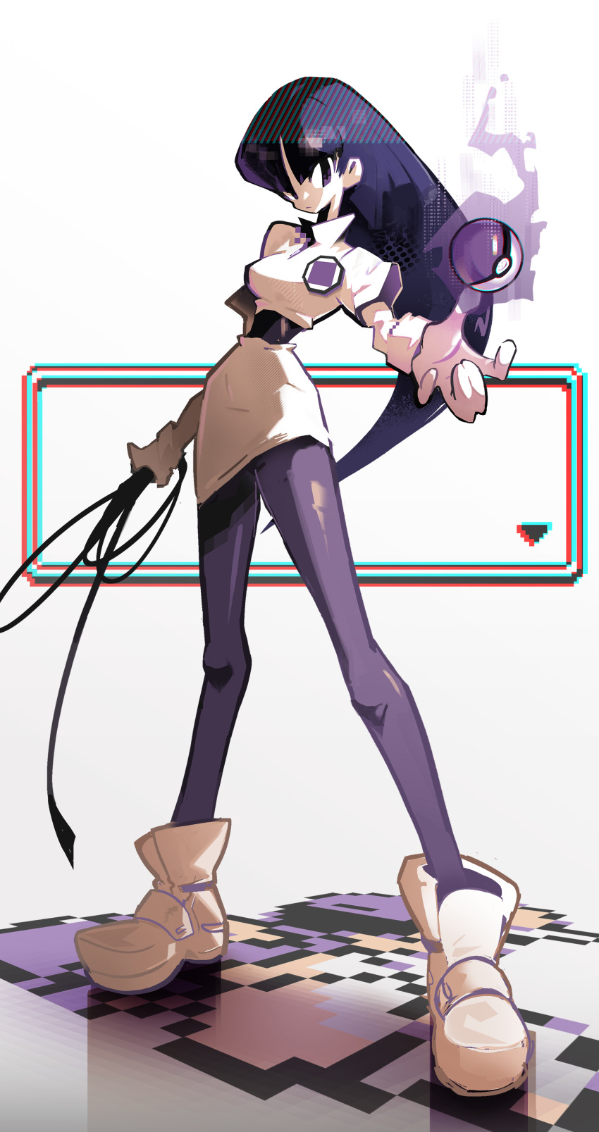 1girl absurdres black_hair breasts creatures_(company) floating floating_object game_freak gloves highres holding holding_whip long_hair long_sleeves looking_at_viewer nintendo object_floating_above_hand pantyhose pencil_skirt pixel_art poke_ball poke_ball_(basic) pokemon pokemon_rgby sabrina_(pokemon) shakeeeeeeeee skirt solo telekinesis whip white_gloves