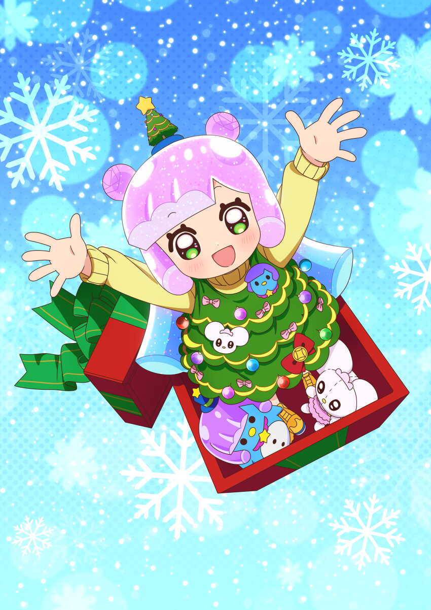 1girl absurdres arms_up box christmas christmas_tree_hair_ornament dress full_body gift gift_box gradient_hair green_eyes hair_ornament highres in_box in_container looking_at_viewer monster_girl multicolored_hair official_art open_mouth pink_hair puniru_(puniru_wa_kawaii_slime) puniru_wa_kawaii_slime slime_girl smile snowflakes solo stuffed_toy