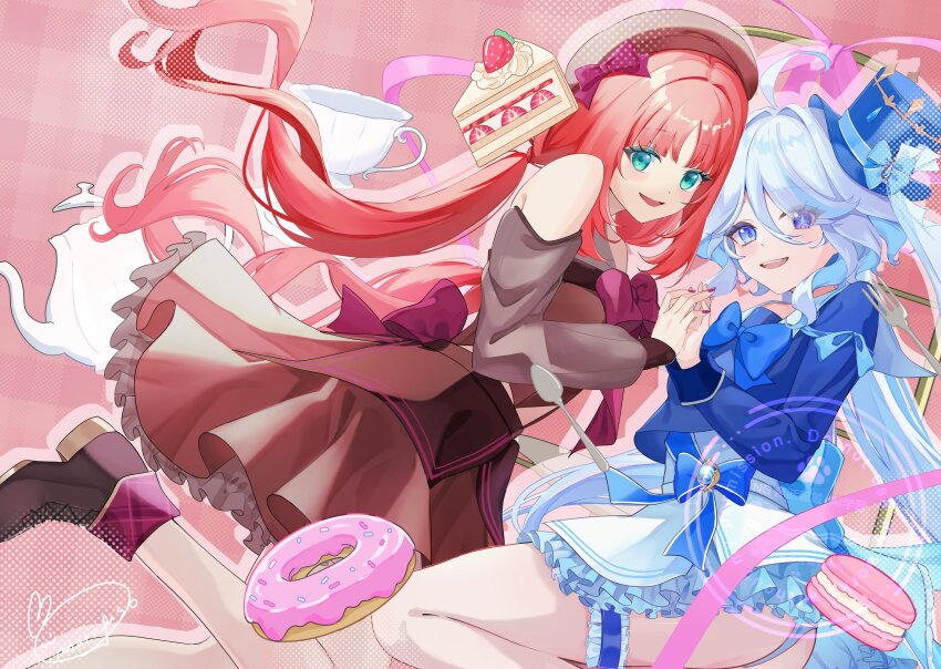 2girls absurdres alternate_costume aqua_eyes blue_bow blue_bowtie blue_eyes blue_hair blue_hat blue_jacket blush bow bowtie breasts brown_dress brown_shoes brown_sleeves cake cup donut dress food furina_(genshin_impact) genshin_impact hair_between_eyes hat hat_bow heterochromia high_heels highres jacket long_hair long_sleeves looking_at_viewer macaron marufus medium_breasts multicolored_hair multiple_girls nilou_(genshin_impact) open_mouth pink_bow pink_bowtie pink_nails red_hair shoes skirt sleeveless sleeveless_dress smile streaked_hair symbol-shaped_pupils top_hat very_long_hair white_hair white_skirt