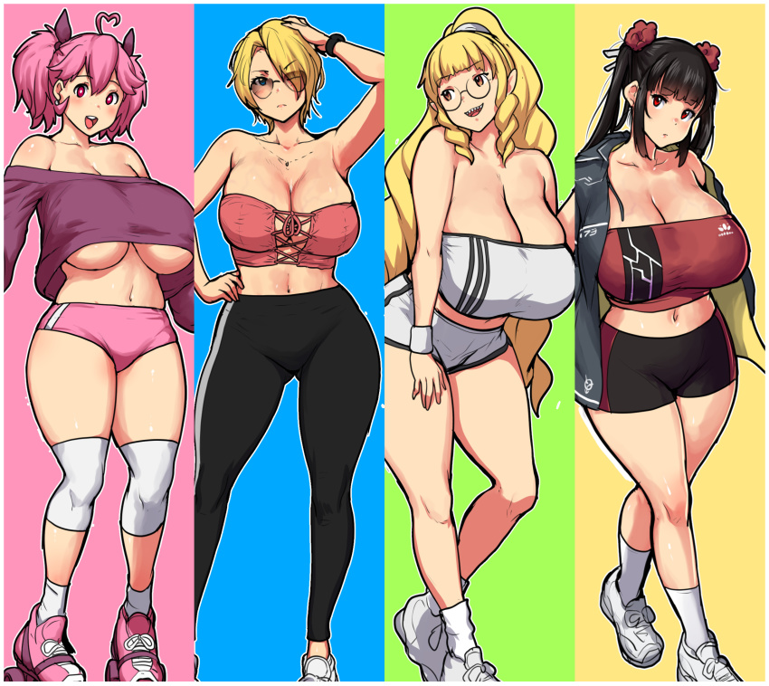 4girls abigail_fahrenheit bare_shoulders black_hair black_shorts blonde_hair blue_background borrowed_character breasts cleavage cross-laced_clothes erkaz green_background highres huge_breasts large_breasts long_hair medium_hair midriff multiple_girls navel open_mouth original outline pink_background pink_hair pink_shoes pink_shorts ponytail purple_shirt shirt shoes short_hair shorts smile socks strapless thighs tube_top twintails underboob white_footwear white_outline white_shorts white_socks yellow_background yukihana_(erkaz)