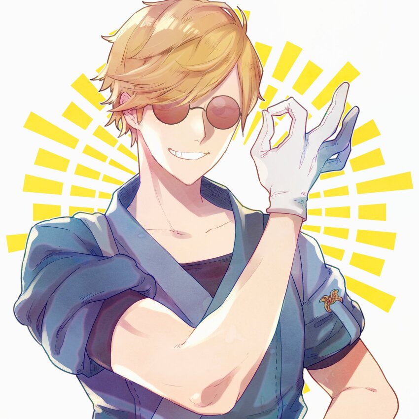 1boy blonde_hair blue_jacket collarbone final_fantasy final_fantasy_xiv fosaster_fenrir gloves grin hancock_fitzgerald hand_up highres hyur jacket looking_at_viewer male_focus ok_sign round_eyewear short_hair simple_background smile solo sunglasses swept_bangs tasuki upper_body white_background white_gloves
