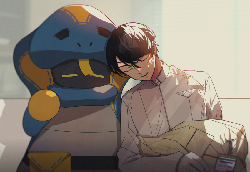 1boy 1girl black_hair cobra_(animal) commentary couch demon demon_girl fenix_uniform forked_tongue hito01 holding holding_jacket holding_unworn_clothes jacket kadota_hiromi kamen_rider kamen_rider_revice lab_coat lovekov military military_uniform name_tag on_couch pouch sleeping sleeping_on_person slit_pupils symbol-only_commentary tongue unworn_jacket