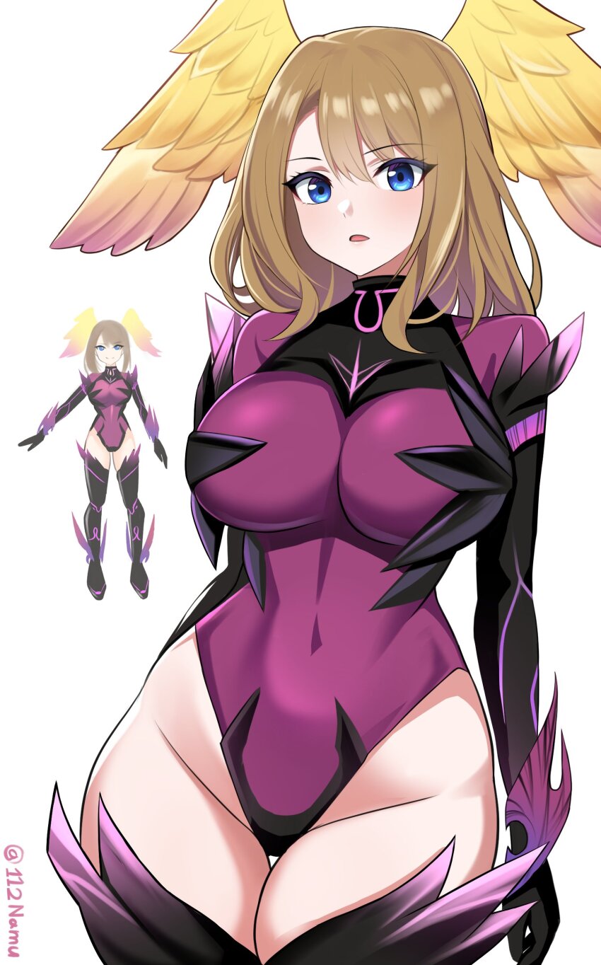 1girl :o absurdres black_boots black_gloves blue_eyes boots breasts brown_hair commentary covered_navel elbow_gloves english_commentary eunie_(xenoblade) feathered_wings gloves groin hair_between_eyes head_wings highleg highleg_leotard highres large_breasts leotard long_hair looking_at_viewer medium_hair namu_(112namu) ouroboros_(xenoblade) parted_bangs parted_lips purple_leotard simple_background solo swept_bangs thigh_boots thighhighs thighs twitter_username white_background wide_hips wings xenoblade_chronicles_(series) xenoblade_chronicles_3 yellow_wings
