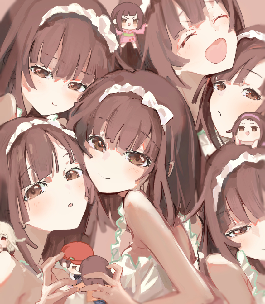6+girls ^_^ absurdres bare_shoulders brown_eyes brown_hair clone closed_eyes closed_mouth commentary english_commentary fawning_nadeko god_nadeko hairband highres kiri_iii_kiri long_hair looking_at_viewer mini_person minigirl monogatari_(series) multiple_girls multiple_persona nademonogatari open_mouth pout sengoku_nadeko sengoku_nadeko_(mangaka) sengoku_nadeko_(sundress) short_hair smile upper_body white_hairband