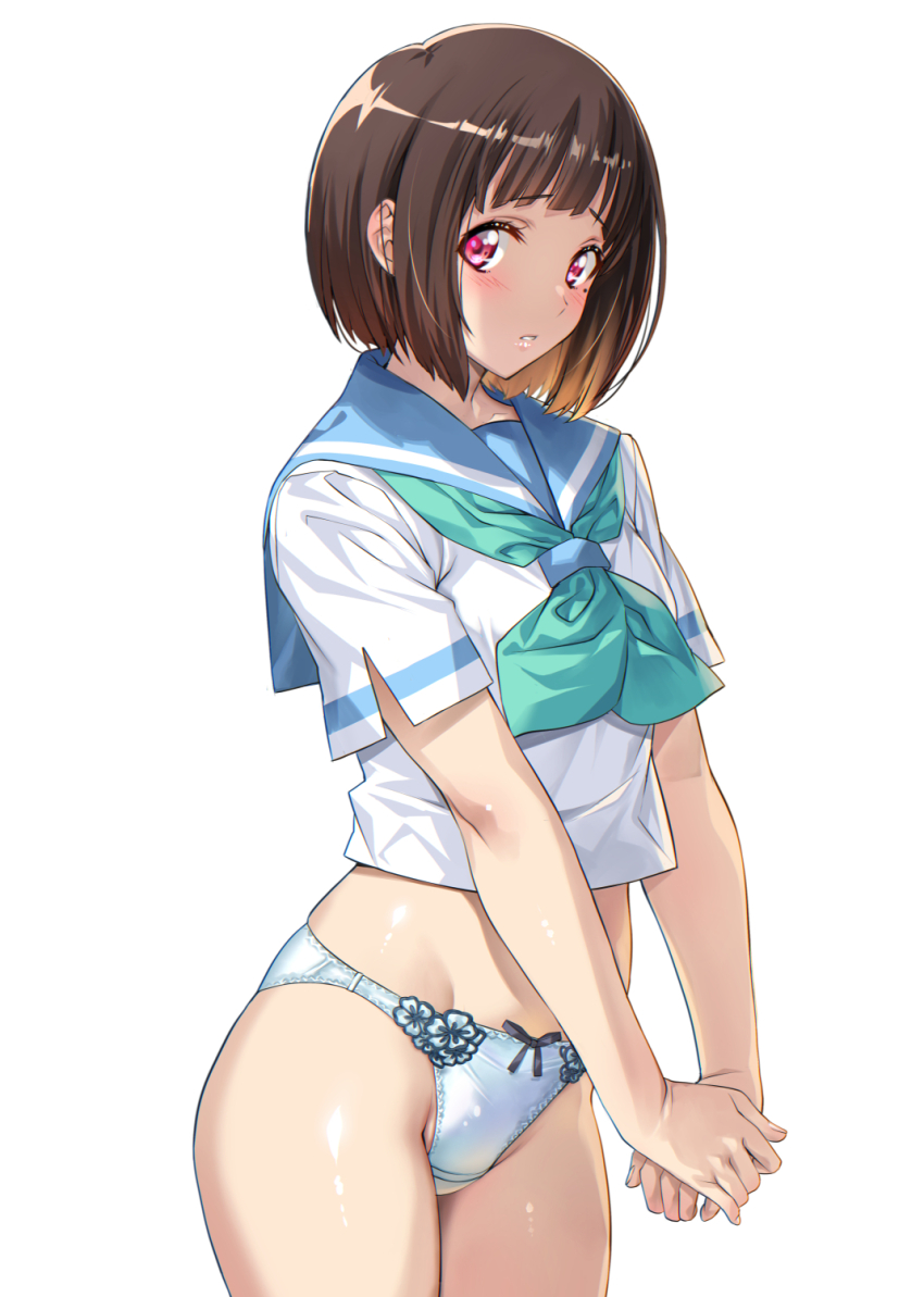 1girl blue_sailor_collar blush bow bow_panties brown_hair commentary_request furrowed_brow green_neckerchief hibike!_euphonium highres kitauji_high_school_uniform mole mole_under_eye nagayori nakaseko_kaori neckerchief own_hands_together panties parted_lips red_eyes sailor_collar school_uniform short_hair short_sleeves solo thighs underwear white_panties