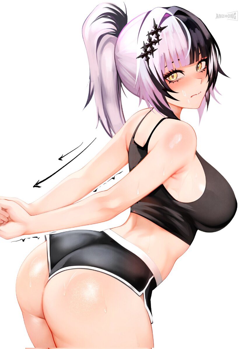 1girl anzhong arms_behind_back arrow_(symbol) ass back bare_shoulders black_hair black_shirt black_shorts blush breasts camisole casual closed_mouth covered_erect_nipples cowboy_shot crop_top eyelashes eyeliner hair_intakes hair_ornament highres hololive hololive_english huge_ass large_breasts leaning_forward long_hair looking_at_viewer makeup micro_shorts midriff multicolored_hair nape ponytail shiny_skin shiori_novella shirt shorts sideboob solo split-color_hair stretching trembling tsurime virtual_youtuber white_hair yellow_eyes