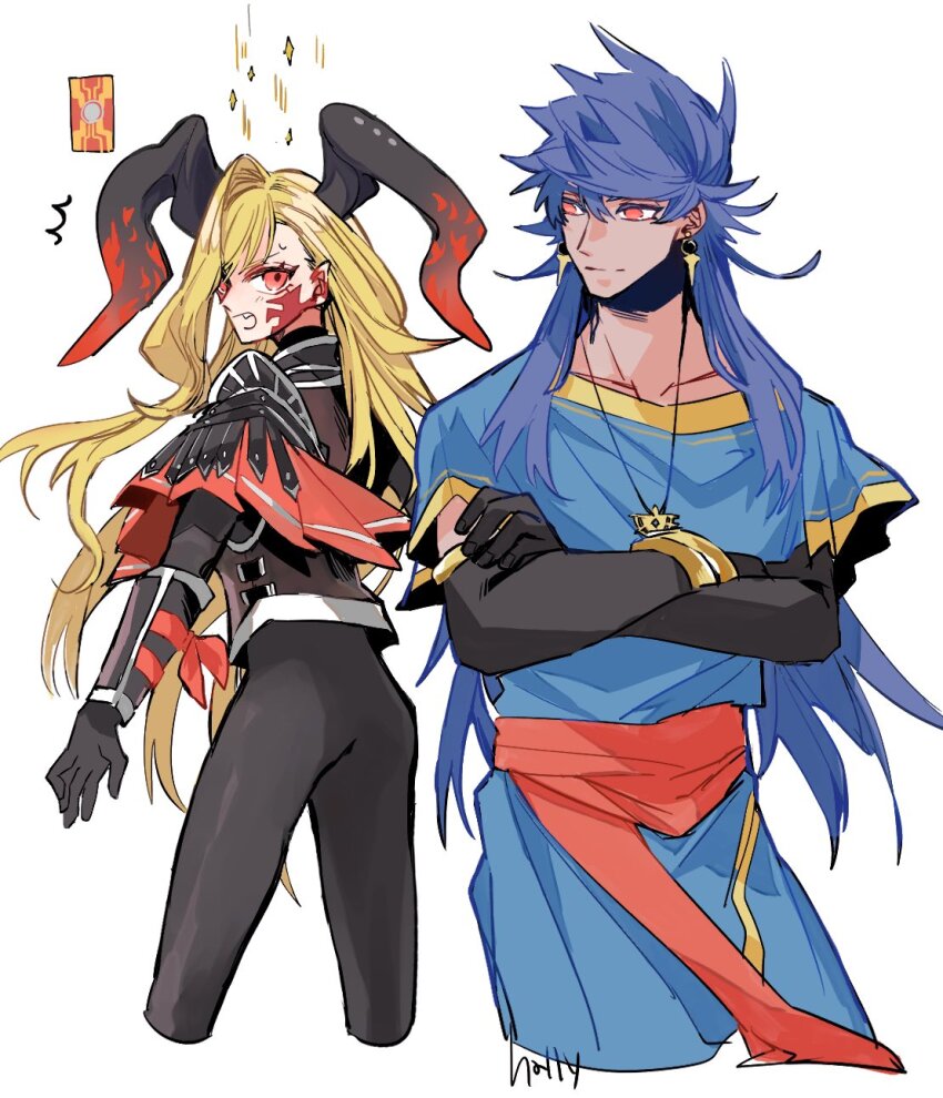 1boy 1girl armor armored_bodysuit black_armor black_bodysuit black_horns blonde_hair blue_hair blue_robe bodysuit bracelet clothes_on_shoulders collarbone cowboy_shot crossed_arms dark_blue_hair dragon_horns earrings elbow_gloves facial_mark fate/grand_order fate_(series) gloves greco-roman_clothes hally highres horns jewelry long_hair long_horns necklace nero_claudius_(fate) pointy_ears queen_draco_(fate) queen_draco_(third_ascension)_(fate) red_eyes robe roman_clothes romulus_(fate) romulus_quirinus_(fate) shoulder_plates signature simple_background solo wavy_hair white_background