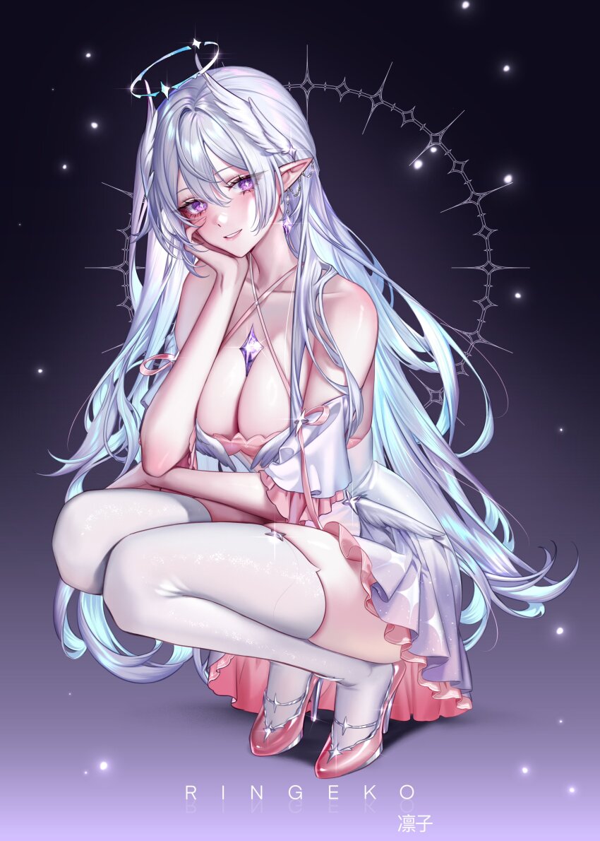 1girl absurdres artist_name bare_shoulders breasts bright_pupils chest_jewel cleavage collarbone commentary commission criss-cross_halter dress earrings full_body gradient_background grey_hair hair_between_eyes halo halter_dress halterneck hand_on_own_face head_wings high_heels highres jewelry large_breasts long_hair looking_at_viewer original parted_lips pink_shoes pointy_ears purple_background purple_eyes ringeko-chan shoes sidelocks skindentation smile solo squatting thighhighs thighs very_long_hair white_dress white_pupils white_thighhighs wings
