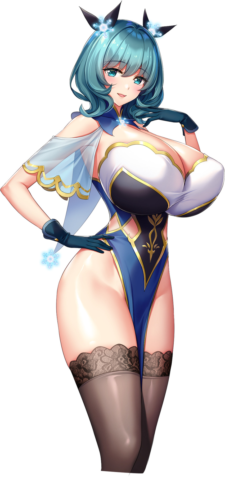 1girl absurdres arm_up black_dress blue_dress blue_eyes blue_gloves blue_hair blush breasts capelet cleavage clothing_cutout covered_navel derauea dress game_cg gloves gold_trim hair_ornament hand_on_own_hip highres huge_breasts lira_snowwill looking_at_viewer mature_female medium_hair milk_factory motto!_haramase!_honoo_no_oppai_isekai_chou_ero_succubus_gakuen! no_panties non-web_source official_art open_mouth pelvic_curtain smile snowflake_brooch snowflake_hair_ornament snowflake_ornament solo sprite standing strapless strapless_dress tachi-e thighhighs transparent_background white_capelet white_dress