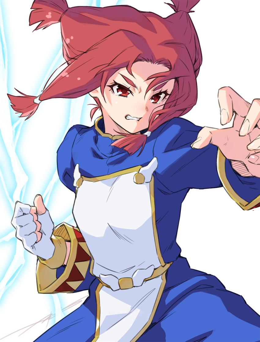 1girl beryberie blue_tunic commentary electricity fighting_stance fingerless_gloves frown gloves grimace hair_tie highres hirogaru_sky!_precure kazuma_muramasa looking_to_the_side precure red_eyes red_hair single_glove solo standing tunic two_side_up white_background white_gloves