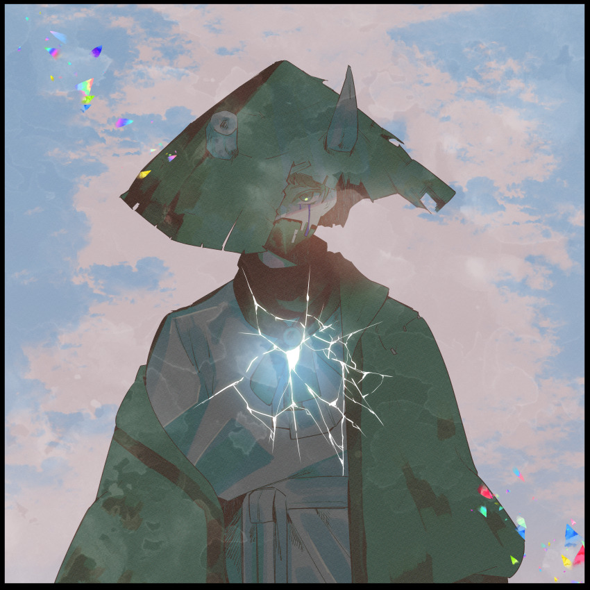 1boy absurdres black_scarf brown_coat coat cow_horns dongrang_(project_moon) e.g.o_(project_moon) farmwatch_(e.g.o) green_eyes green_hair hanbok hat highres horns limbus_company looking_at_viewer madotsuki_ren mask mouth_mask project_moon rice_hat scarf solo upper_body white_hanbok