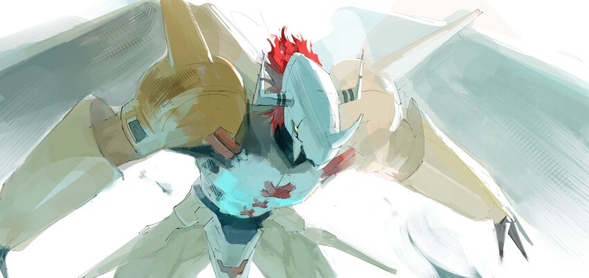 armor cowboy_shot digimon digimon_(creature) dragon helmet highres mechanical_wings red_hair shoulder_armor shoulder_spikes solo spikes teasmacker wargreymon wings yellow_armor yellow_eyes