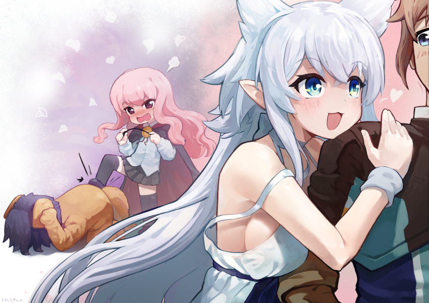 1boy 1other 2girls :3 all_fours animal_costume animal_ears arm_hug black_cape black_capelet black_skirt black_thighhighs blue_eyes blush breasts brown_gloves brown_hair cape capelet dress eyebrows_hidden_by_hair fang fenrys flio full-face_blush gloves grey_wrist_cuffs hair_between_eyes heart highres hino_satoshi hiraga_saito holding holding_wand j.h_j.h kicking kugimiya_rie large_breasts long_hair looking_at_another louise_francoise_le_blanc_de_la_valliere lv2_kara_cheat_datta_moto_yuusha_kouho_no_mattari_isekai_life motion_lines multiple_girls open_mouth out_of_frame pink_hair pleated_skirt pointy_ears puff_of_air shirt short_hair sideboob skirt smile strap_slip tan thighhighs uniform upper_body very_long_hair voice_actor_connection wand wavy_mouth white_dress white_hair white_shirt wolf_ears wrist_cuffs zero_no_tsukaima