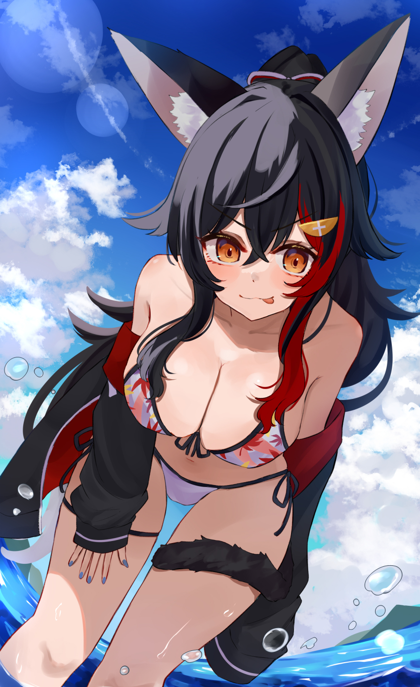 1girl :3 absurdres animal_ear_fluff animal_ears bikini black_hair black_jacket blue_nails blue_sky blush breasts cleavage closed_mouth cloud cloudy_sky commentary crossed_bangs day feet_out_of_frame front-tie_bikini_top front-tie_top hair_between_eyes highres hololive jacket leaf_print leaning_forward lens_flare licking_lips long_hair looking_at_viewer maple_leaf_print medium_breasts multicolored_hair nail_polish navel ocean off_shoulder official_alternate_costume official_alternate_hairstyle ookami_mio ookami_mio_(hololive_summer_2019) open_clothes open_jacket orange_eyes outdoors ponytail print_bikini red_hair red_jacket side-tie_bikini_bottom sidelocks sky smile solo standing streaked_hair swimsuit tail tail_around_own_leg thigh_strap tongue tongue_out tukijika two-sided_fabric two-sided_jacket two-tone_hair v-shaped_eyebrows virtual_youtuber wading wet white_bikini wolf_ears wolf_girl wolf_tail