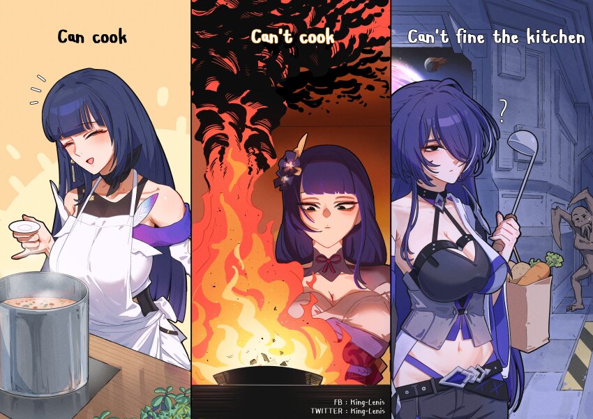 1other 3girls ? ^_^ absurdres acheron_(honkai:_star_rail) apron artist_name bag bare_shoulders blunt_bangs breasts carrot cleavage closed_eyes commentary confused cooking cooking_pot dead_space english_commentary english_text facebook_username fire food genshin_impact hair_ornament hair_over_one_eye highres holding holding_ladle honkai:_star_rail honkai_(series) honkai_impact_3rd king-lenis ladle large_breasts long_hair mihoyo multicolored_hair multiple_girls navel notice_lines paper_bag plate potato purple_hair raiden_mei raiden_mei_(apho) raiden_shogun sawashiro_miyuki slasher_(dead_space) smoke soup spacecraft_interior streaked_hair sweatdrop tasting_plate twitter_username white_apron