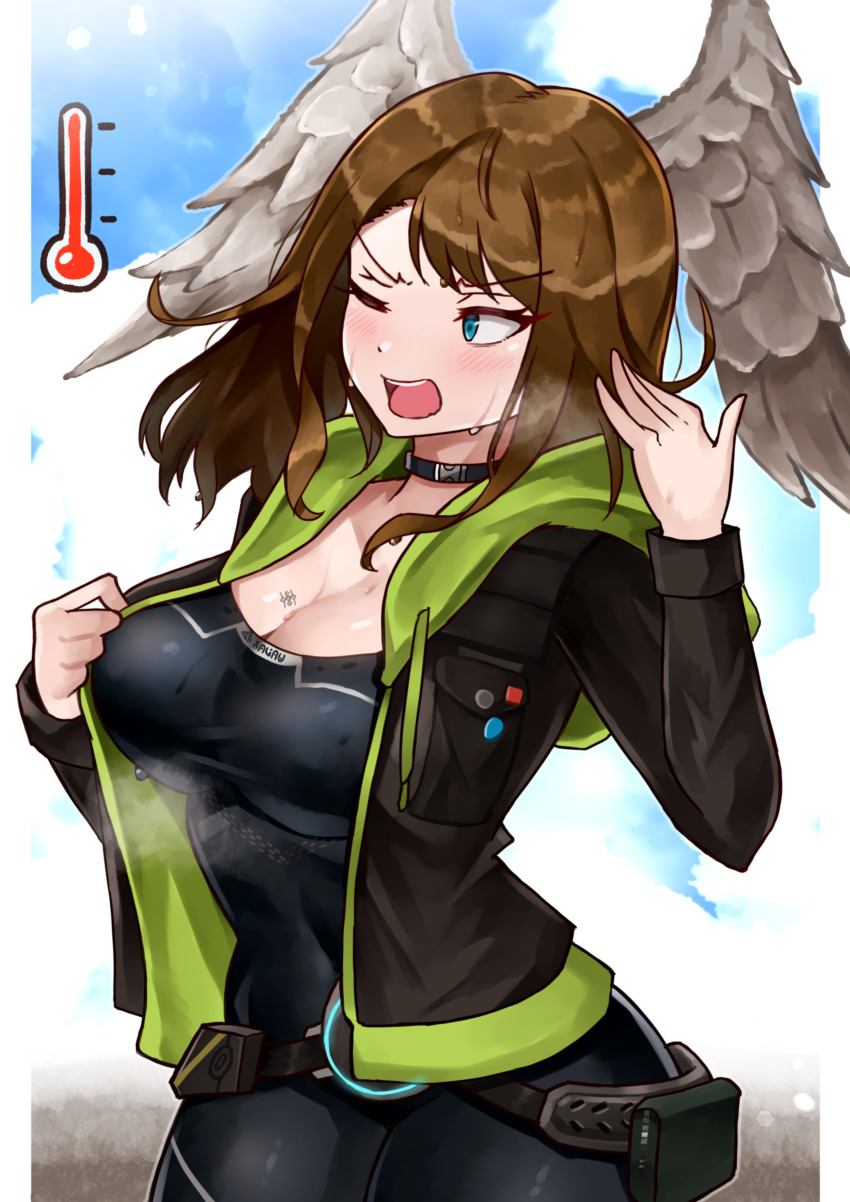 1girl absurdres black_bodysuit black_choker black_jacket blue_eyes blue_pupils blue_sky blush bodysuit border breast_tattoo breasts brown_hair choker cleavage eunie_(xenoblade) glowing_lines green_hoodie head_wings highres hood hoodie hot jacket large_breasts leather leather_jacket medium_hair one_eye_closed open_mouth pillarboxed sky solo steam steaming_body sweat sweatdrop tattoo teeth temperature upper_body upper_teeth_only v-shaped_eyebrows white_border white_wings wings xenoblade_chronicles_(series) xenoblade_chronicles_3 yotsuha_uni