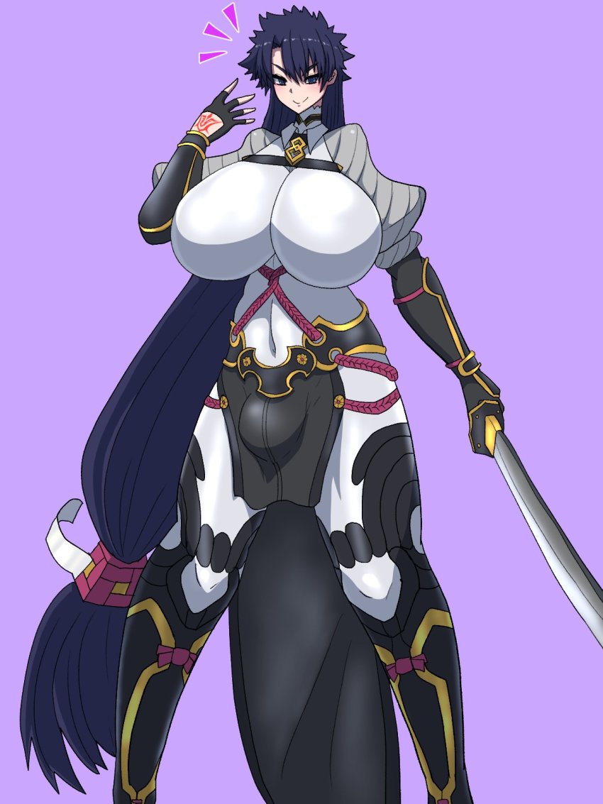 1futa armor black_gloves blue_eyes blue_hair bodysuit breasts bulge command_spell fate/grand_order fate_(series) feet_out_of_frame fingerless_gloves fujimaru_ritsuka_(male) fusion futanari gloves highres huge_breasts japanese_armor katana kote loincloth long_hair low-tied_long_hair minamoto_no_raikou_(fate) purple_background purple_hair reia9131 ribbed_sleeves simple_background smile solo standing suneate sword very_long_hair weapon white_bodysuit