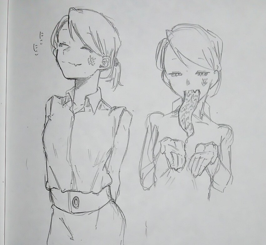 1girl artist_request long_tongue monochrome photo_(medium) reptile_girl sketch smile tongue tongue_out