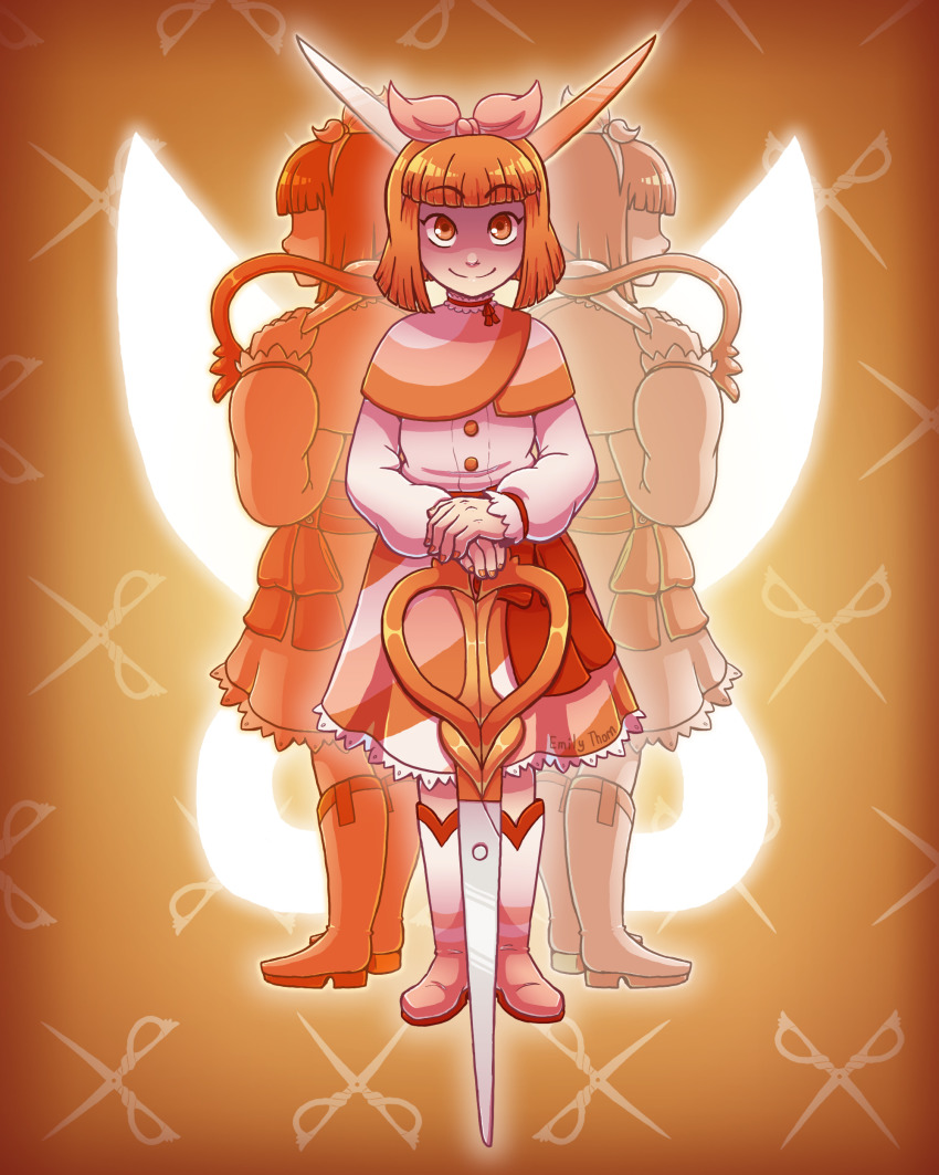1girl absurdres bad_id bad_tumblr_id blunt_bangs boots bow cassidy_(sleepless_domain) dress emily_thorn flash_cut hair_bow highres long_sleeves magical_girl nail_polish orange_background orange_eyes orange_hair orange_nails pink_bow scissors short_hair sleepless_domain smile standing white_footwear