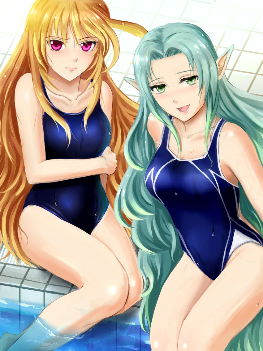 2girls absurdres aqua_hair blonde_hair breasts cleavage green_eyes highres long_hair looking_at_viewer medium_breasts milla_maxwell multiple_girls muzet_(tales) open_mouth pink_eyes pointy_ears sitting smile swimsuit tales_of_(series) tales_of_xillia very_long_hair water wet