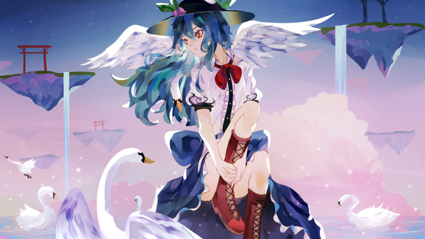 1girl angel_wings bird black_hat blue_hair blue_skirt boots bow bowtie center_frills day floating_island foot_out_of_frame frills gradient_sky hair_between_eyes hat highres hinanawi_tenshi knee_up long_hair looking_ahead looking_to_the_side naufaldreamer outdoors red_boots red_bow red_bowtie red_eyes shirt sitting skirt sky solo star_(sky) swan torii touhou twilight water waterfall white_shirt wings