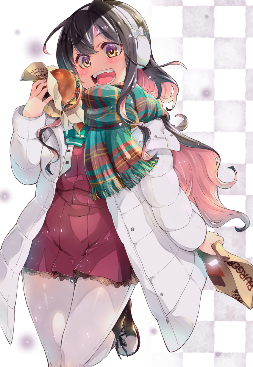 1girl bag black_hair breasts burger coat earmuffs fang food highres holding holding_food imu_sanjo kantai_collection long_hair medium_breasts multicolored_hair naganami_(kancolle) open_mouth pantyhose paper_bag pink_hair scarf smile solo wavy_hair white_coat white_pantyhose yellow_eyes
