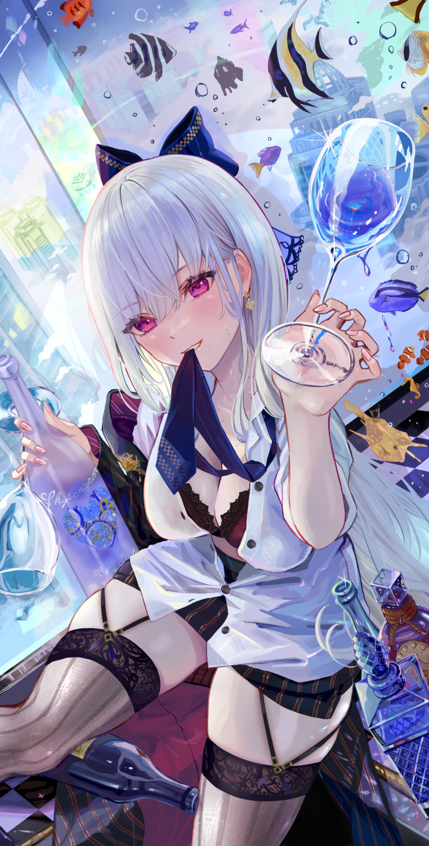 1girl absurdres black_garter_straps black_thighhighs blue_bow blue_necktie blush bottle bow bra bra_peek breasts cleavage commentary cup drinking_glass earrings fish fish_earrings frosted_glass garter_straps glass_bottle hair_bow highres holding holding_bottle holding_cup ito_lab jewelry lace lace-trimmed_bra lace_trim large_breasts long_hair looking_at_viewer medium_breasts mouth_hold necktie necktie_in_mouth original partially_unbuttoned purple_eyes shirt skindentation skirt solo striped_clothes striped_skirt striped_thighhighs sweat teeth thighhighs tropical_fish underwear vertical-striped_clothes vertical-striped_skirt vertical-striped_thighhighs white_hair white_shirt wine_bottle