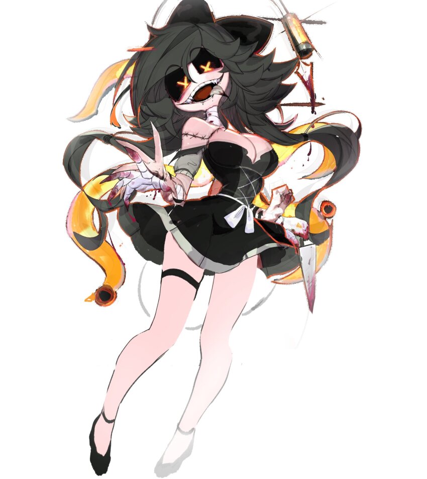1girl bandaged_neck bandages bare_shoulders black_bow black_dress black_footwear black_hair black_sclera blush bow breasts cleavage colored_sclera commentary cross-laced_clothes cross-laced_dress cyn_(murder_drones) dress english_commentary fangs full_body hair_between_eyes hair_bow highres large_breasts long_hair looking_at_viewer looking_down low-tied_sidelocks murder_drones open_mouth sidelocks simple_background skinsuit smile solo standing stitched_arm stitches teeth thigh_strap tongue tongue_out upper_teeth_only usa37107692 white_background x yellow_eyes